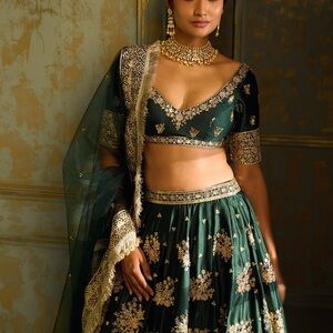 Lashkaraa Emerald Green Embroidered Lehenga with Gold Accents